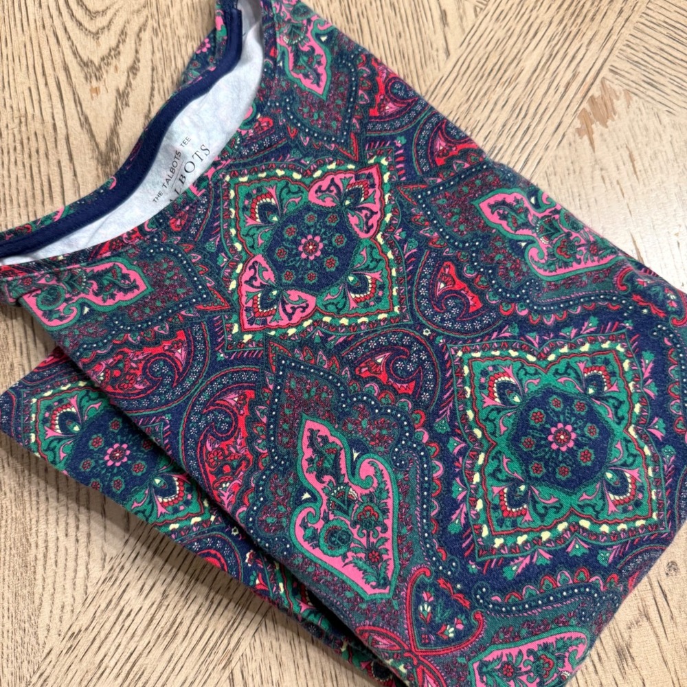 Talbots Womens Small Long Sleeve Tee Paisley Medallion Print Navy Pink Green